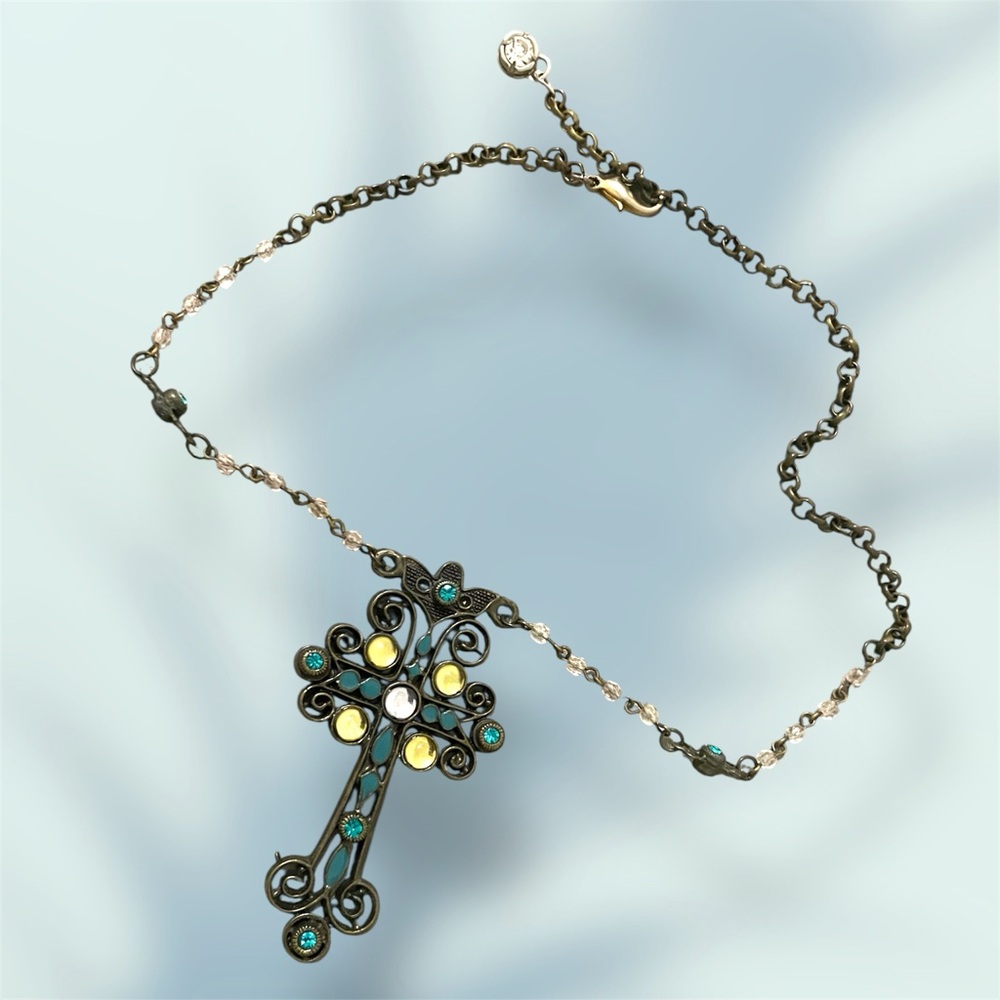 Vintage Cross Pendant Necklace with Blue and Yellow Accents
